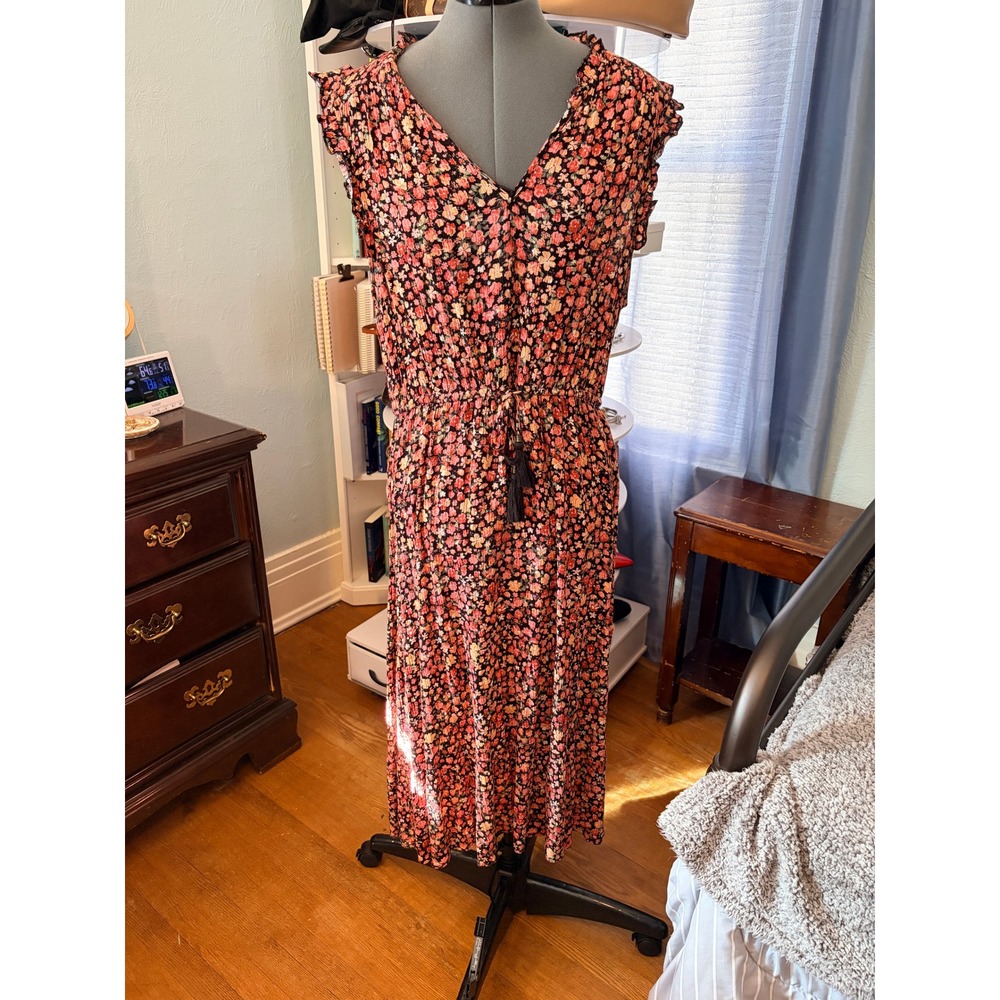 Sangria Floral Midi Dress Size L Black Pink Boho Ruffle Tassel Cottagecore